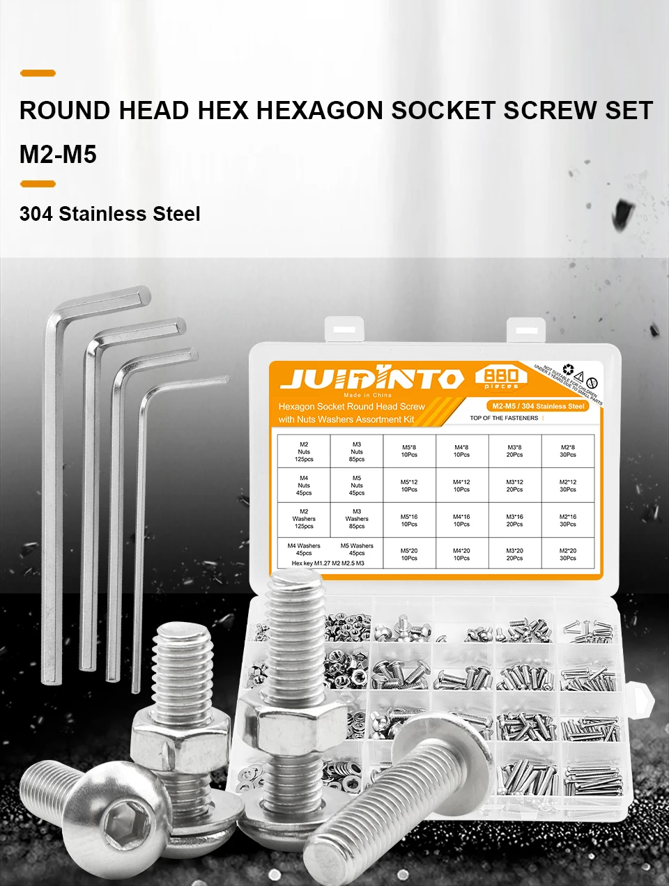 580/880pcs Round Head Hex Socket Cap Screws Set M2 M3 M4 M5 Stainless Steel Allen Bolts and Nuts with Washer Assortment Kit