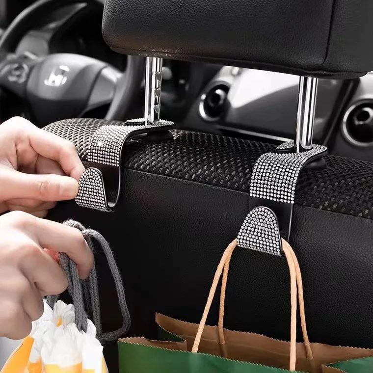 2Pcs  Car Seat Back Hook Bling Diamond Hanger Backseat Auto Back Universal Headrest  Storage Holder Car Interior Accessories