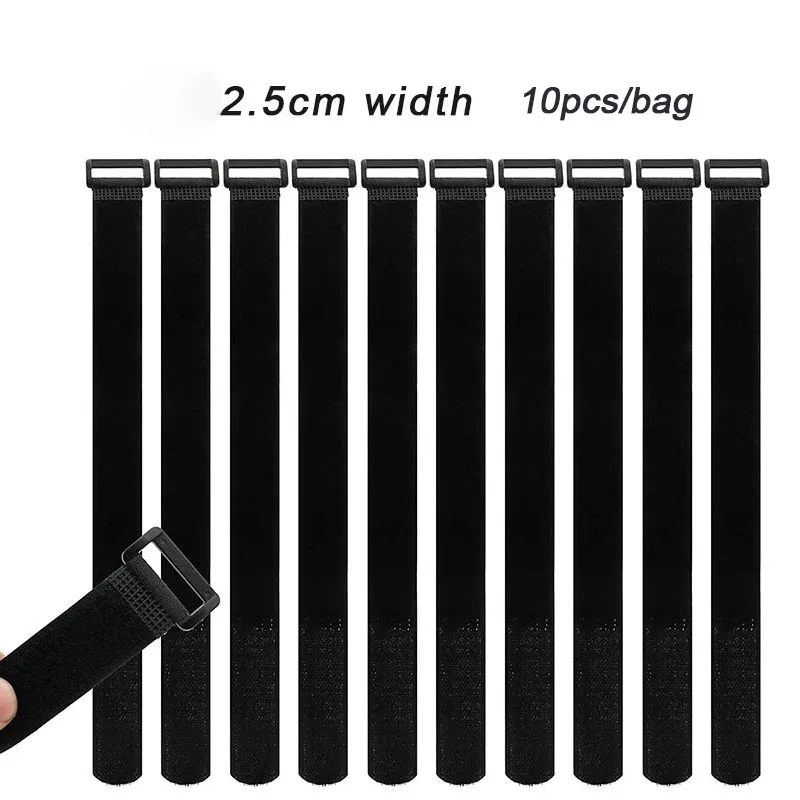 10pcs Reusable Cable Straps Multipurpose Quality Hook and Loop Securing Straps Adjustable Cable Ties Black Nylon 2.5cm Width