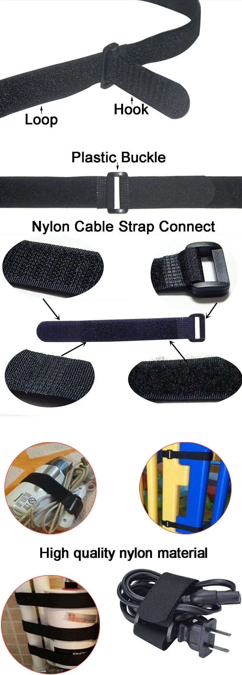 10pcs Reusable Cable Straps Multipurpose Quality Hook and Loop Securing Straps Adjustable Cable Ties Black Nylon 2.5cm Width