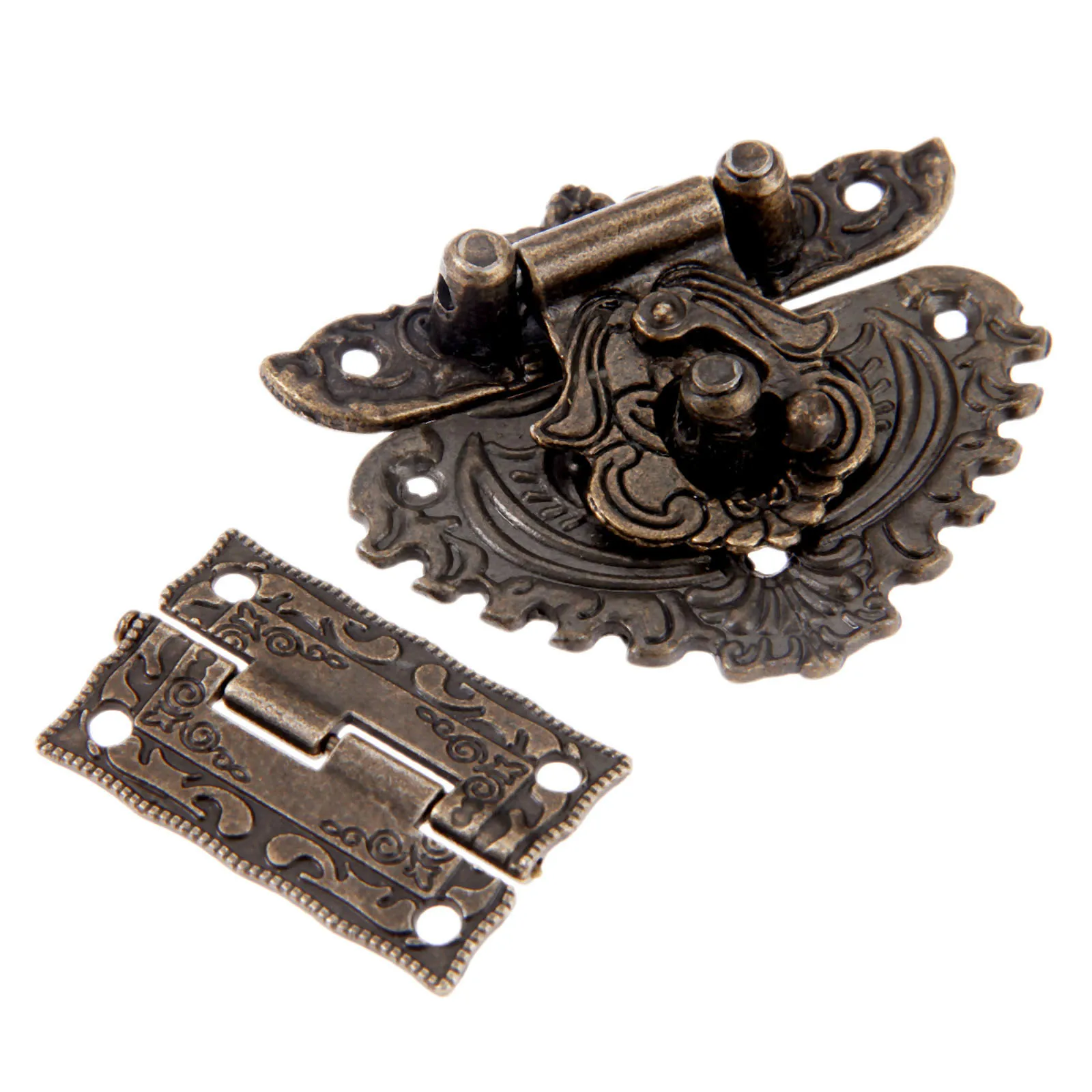 DRELD Antique Bronze Furniture Hardware Box Latch Hasp Toggle Buckle + 2Pcs Decorative Cabinet Hinges for Jewelry Wooden Box
