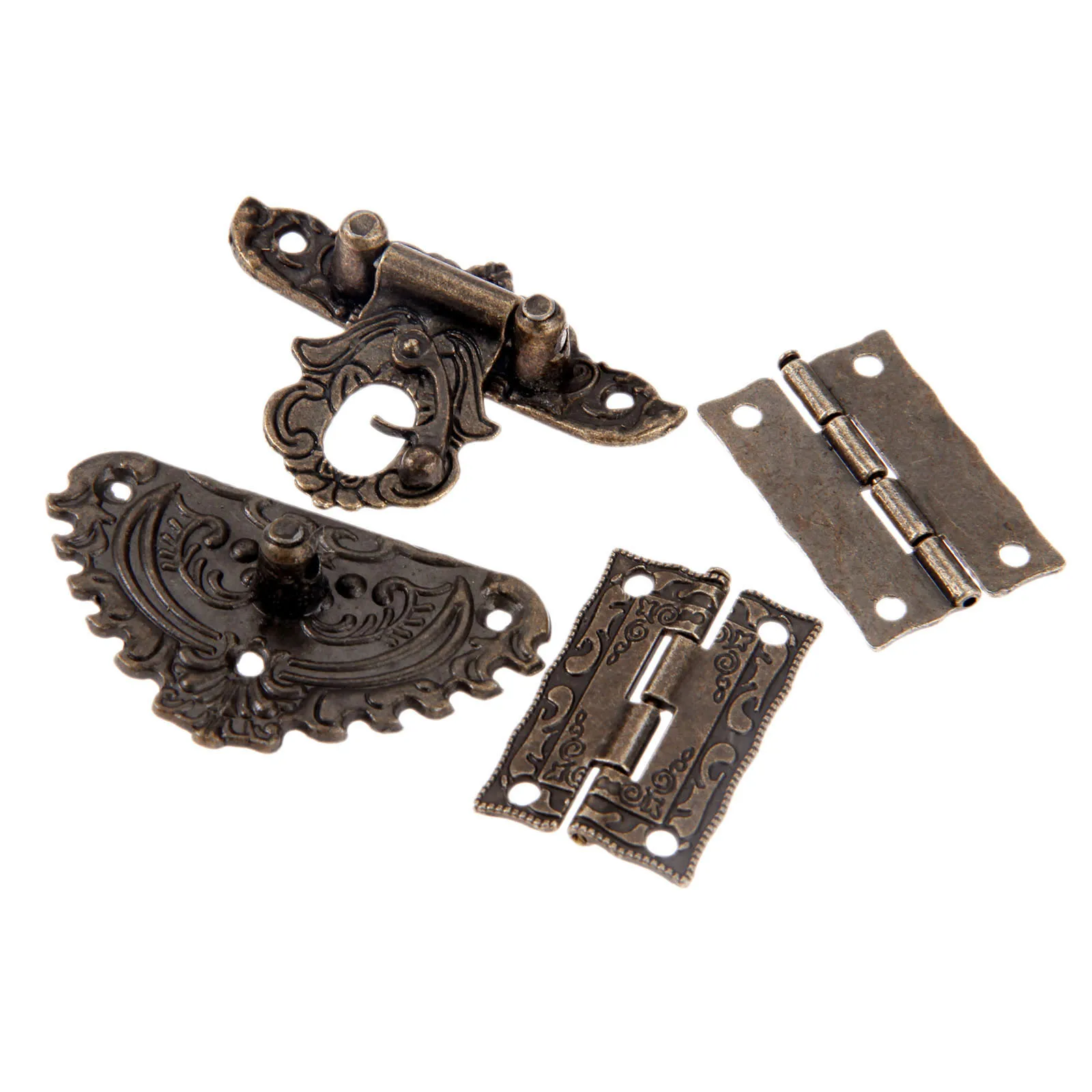 DRELD Antique Bronze Furniture Hardware Box Latch Hasp Toggle Buckle + 2Pcs Decorative Cabinet Hinges for Jewelry Wooden Box