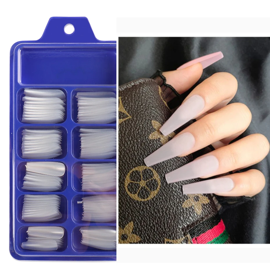 100pcs Coffin Fake Nails Full Cover Press On Nails Extension Tips Artificial Fingernails False Nails Solid Color Manicure LE1895