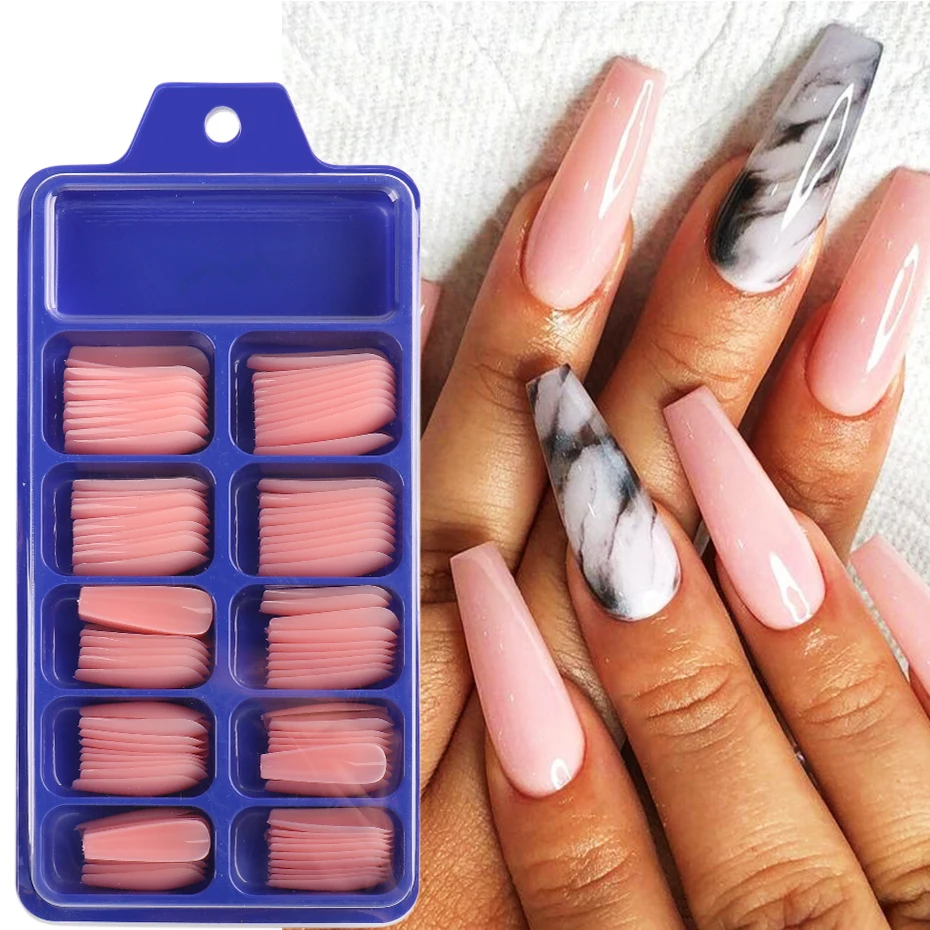 100pcs Coffin Fake Nails Full Cover Press On Nails Extension Tips Artificial Fingernails False Nails Solid Color Manicure LE1895