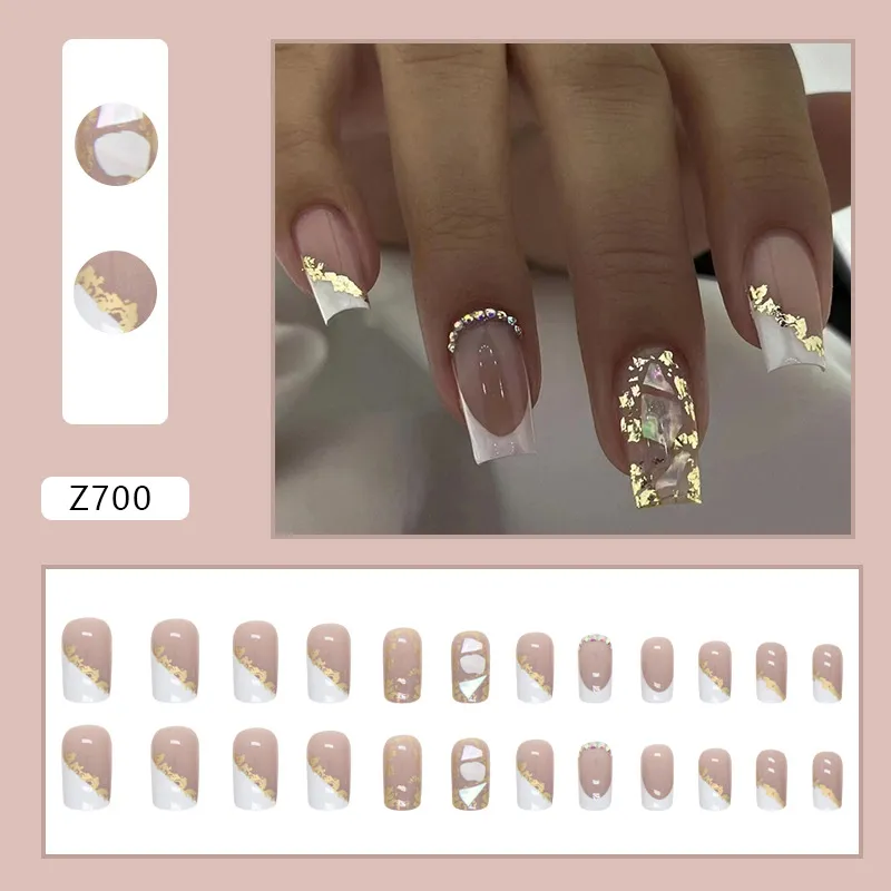 24pcs Short Square Flowers False Nails French Shining With drill Crystal Glitter Wavy Full Cover Detachable Nail Tips