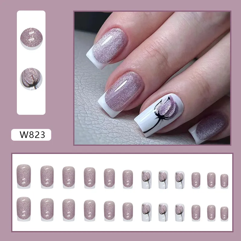 24pcs Short Square Flowers False Nails French Shining With drill Crystal Glitter Wavy Full Cover Detachable Nail Tips