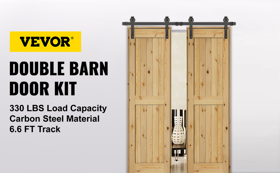 VEVOR 5FT-18FT Classic Rail Sliding Barn Door Black Double Doors Single Track Hardware Sliding Door Track Kit Wheel Track System