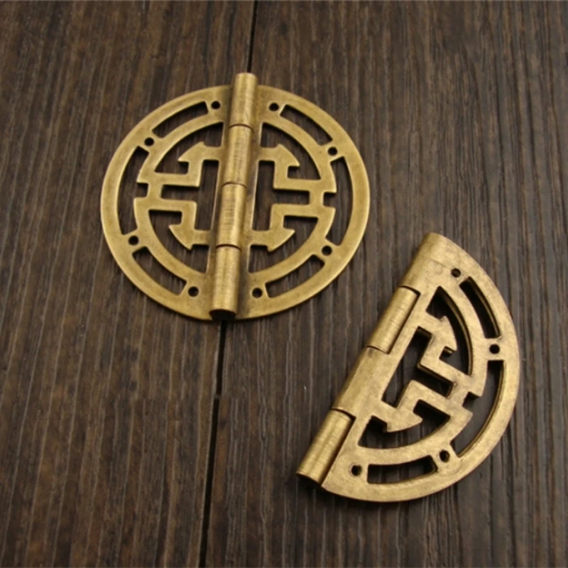 2pcs Vintage Round Brass Hinges w/screws 45mm/1.77inch Hollow Pattern Old Chinese Retro Decor Wood Jewelry Box Wine Case Cabinet