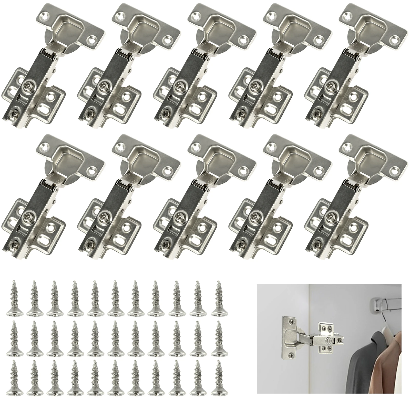 10Pcs Cupboard Hinges Full Overlay Mute Cabinet Door Hinges Set with Screws 95°-105° Opening Angle for Kitchen Bathroom Cabinet