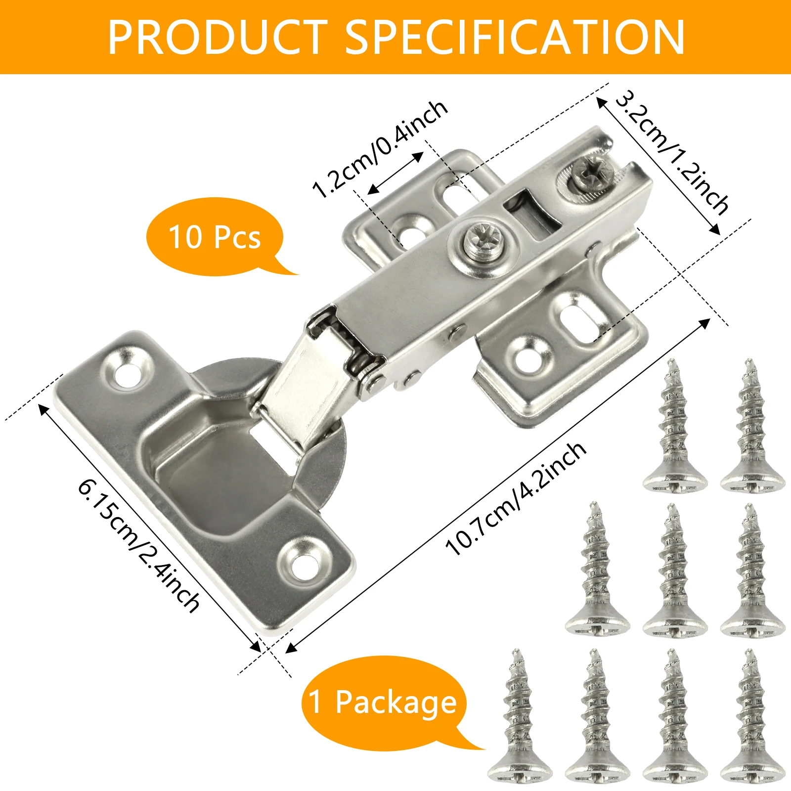 10Pcs Cupboard Hinges Full Overlay Mute Cabinet Door Hinges Set with Screws 95°-105° Opening Angle for Kitchen Bathroom Cabinet