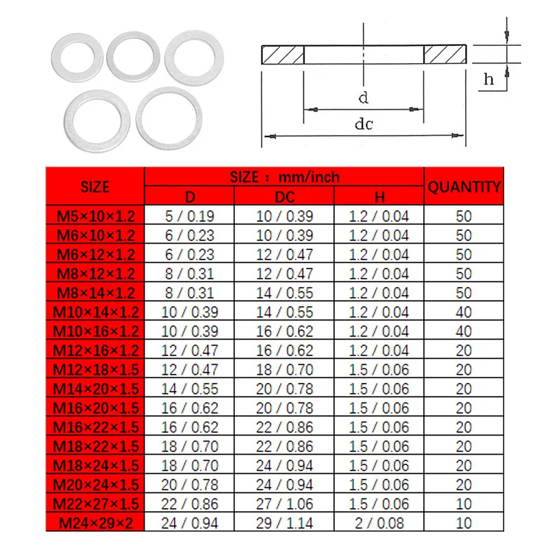 510pcs Washer Automotive Metric Oil Drain Plug Gaskets Set Aluminum Flat Washer Combination Kit M6 M8 M10 M12 M16 M18 M20 M24