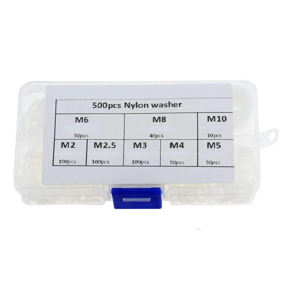 500Pcs/Box M2 M2.5 M3 M4 M5 M6 M8 M10 White Plastic Nylon Washer Flat Spacer Washer Seals Gasket O Ring Assortment Kit