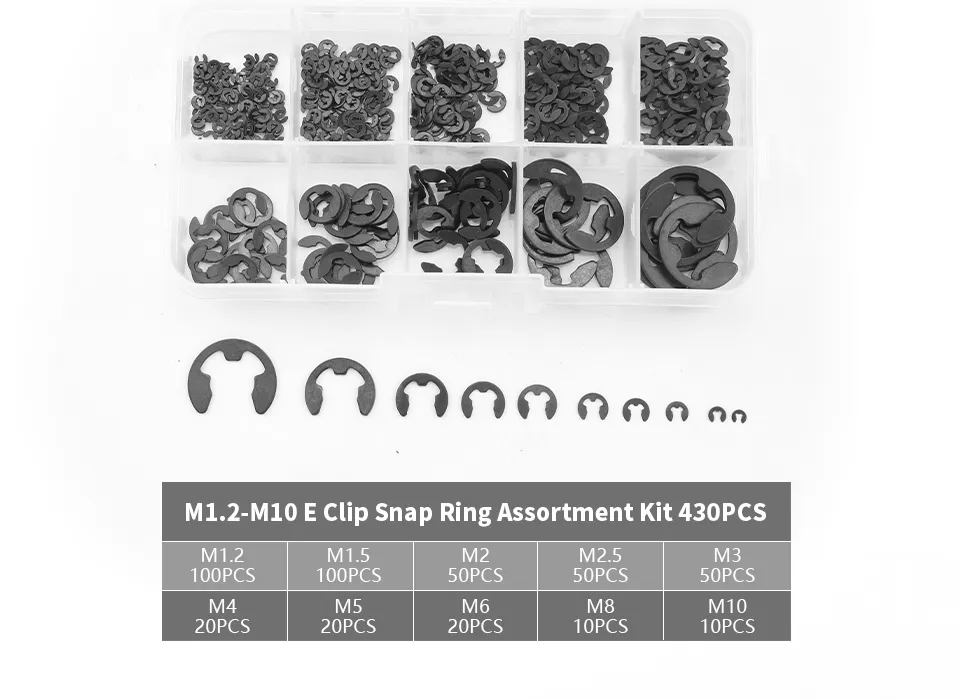 NINDEJIN 430pcs e-clip Assortment Kit M1.2-M10 Stainless Steel Carbon Steel Snap Ring Washer E-shaped External Retaining Ring