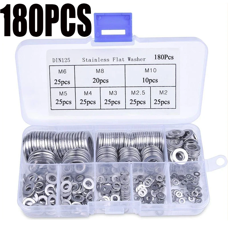 180pcs Stainless Steel Flat Washer Plain Washer Flat Gasket Rings Assortment Kit for Sump Plugs M2 M2.5 M3 M4 M5 M6 M8 M10