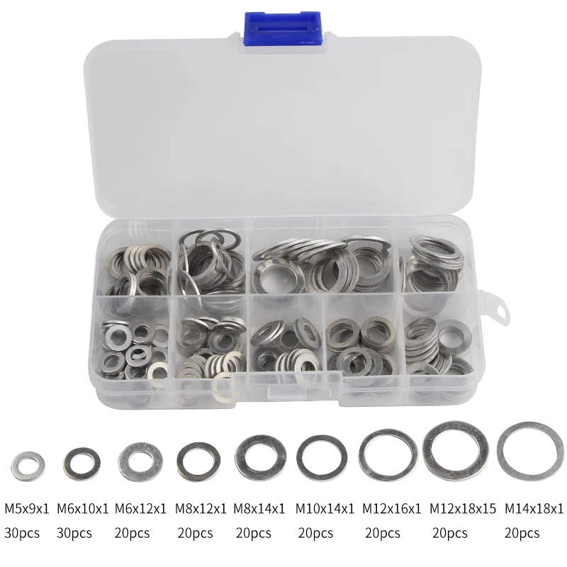 200pcs 9 Sizes Aluminum Flat Washer Gasket Set M5/M6/M8/M10/M12/M14 Flat Ring Seal Kit Set with Box Hardware Parts