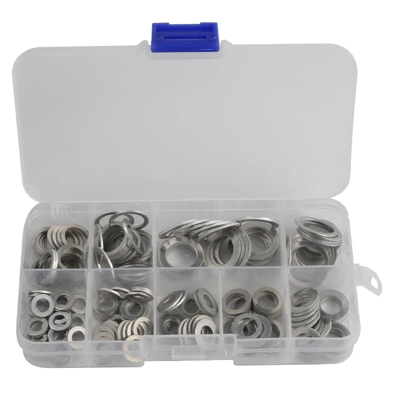 200pcs 9 Sizes Aluminum Flat Washer Gasket Set M5/M6/M8/M10/M12/M14 Flat Ring Seal Kit Set with Box Hardware Parts