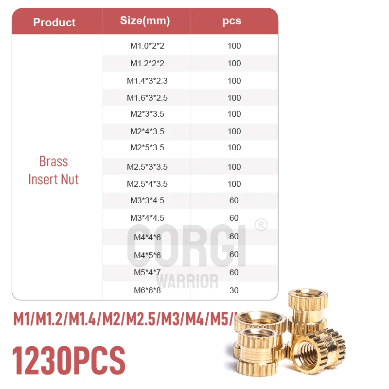Brass Insert Nut All Size Assortment Set M1 M1.2 M1.4 M1.6 M1.7 to M10 1300pcs Hot Melt Knurled Thread Injection Nut Inserts Kit