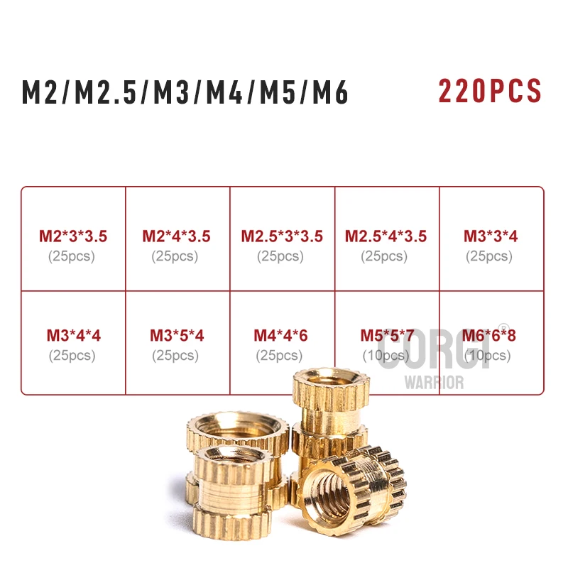 M2 M2.5 M3 M4 M5 M6 Brass Heat Insert Nut Assortment Set Hot Melt Nutinsert Thread Knurled Double Twill Embedment Copper Nuts