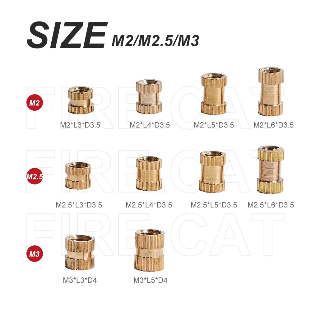M2 M2.5 M3 M4 M5 M6 Brass Heat Insert Nut Assortment Set Hot Melt Nutinsert Thread Knurled Double Twill Embedment Copper Nuts