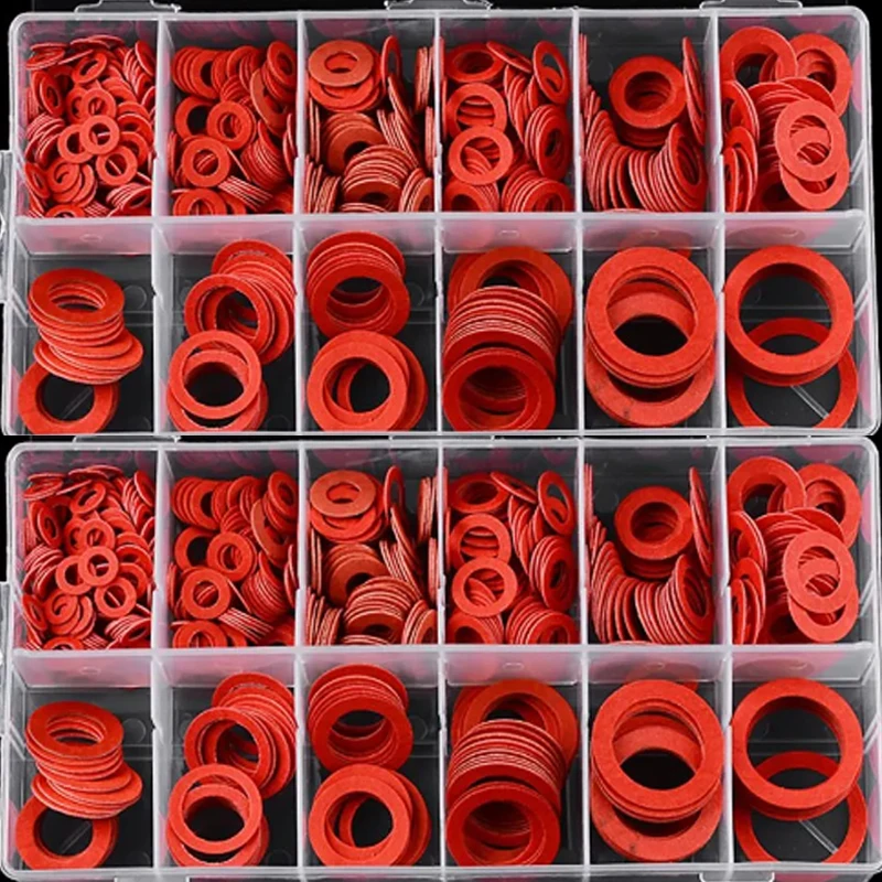 600Pcs M10 M12 M16 M20 M22 M25 M32 Flat Washer Red Steel Paper Fiber Insulation Washer Flat Ring Seal Fastener Spacer Tools Set