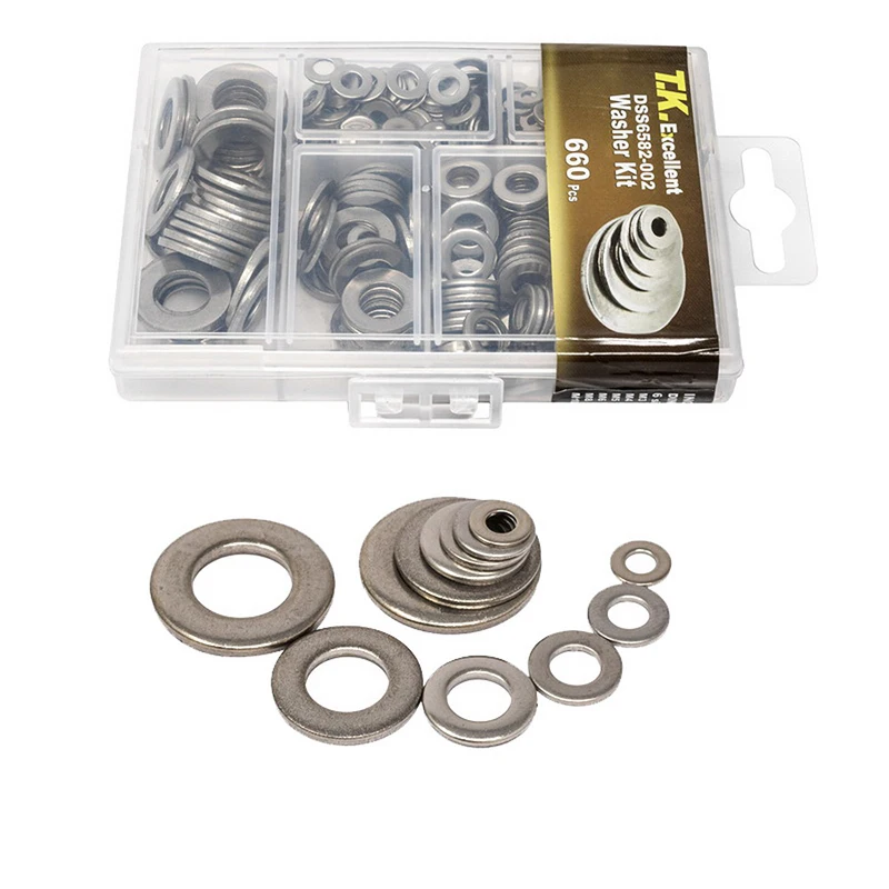 660Pcs Stainless Steel Washers Flat Washer Assortment Set Gaskets Nut and Bolt Kit M3 M4 M5 M6 M8 M10
