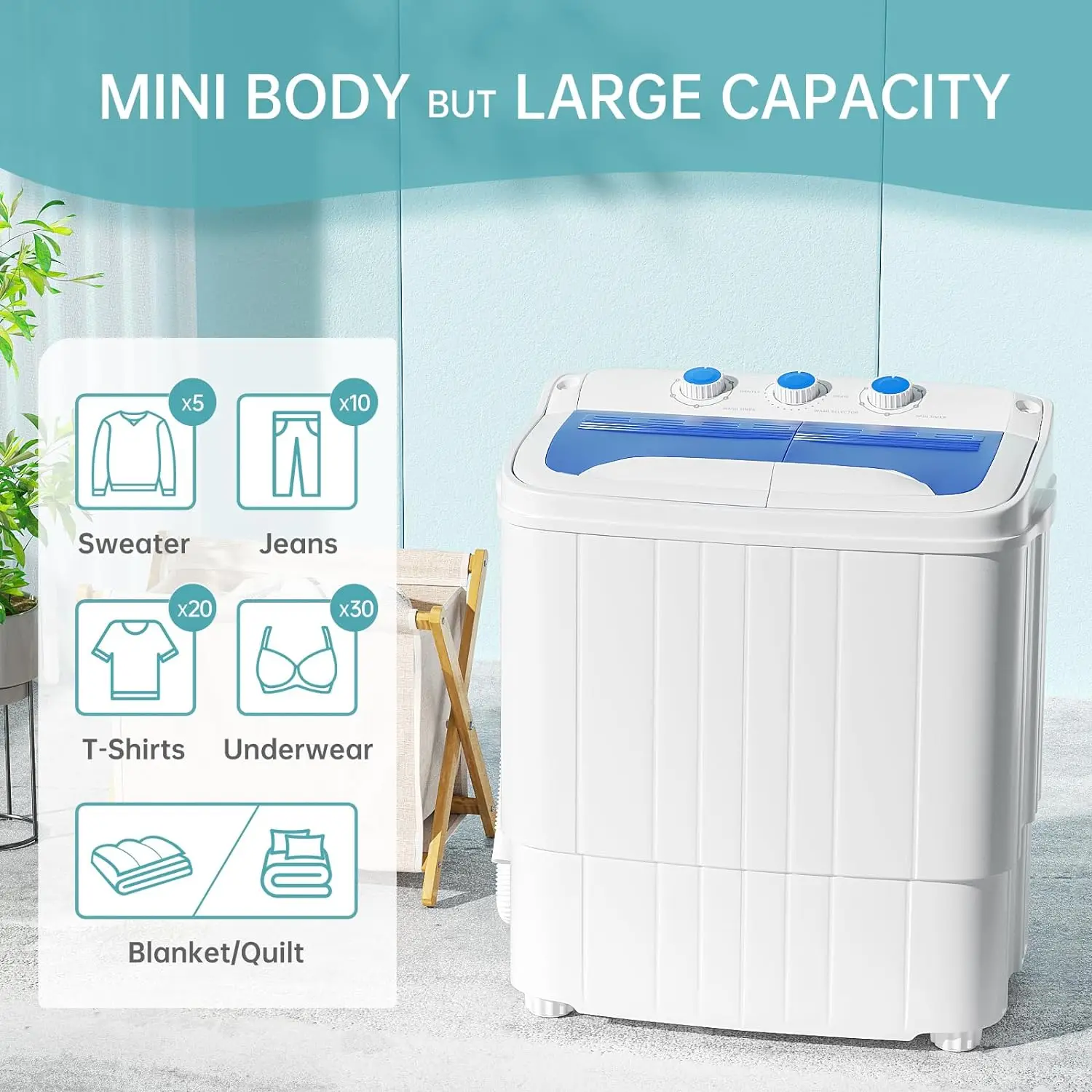 INTERGREAT Portable Waher and Dryer, 14.5 lbs Mini Small Washing Machine Combo with Spin Dryer, Compact Twin Tub Laundry Washer