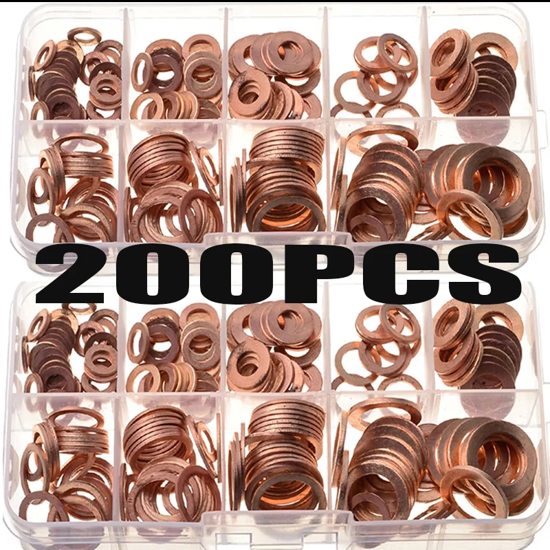 100/200PCS Copper Washer Gasket Nut and Bolt Set Flat Ring Seal Assortment Kit with Box //M8/M10/M12/M14 for Sump Plugs