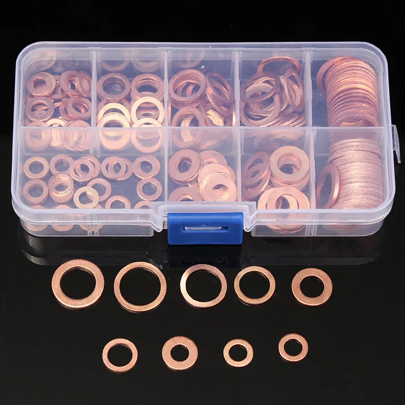 100/200PCS Copper Washer Gasket Nut and Bolt Set Flat Ring Seal Assortment Kit with Box //M8/M10/M12/M14 for Sump Plugs