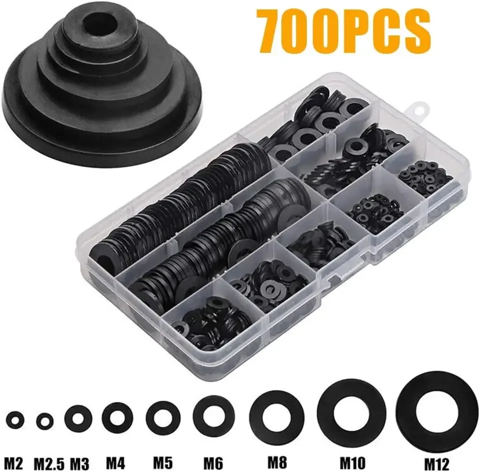 700pcs Black Nylon Washer Box M2-M12 Nine Specification Set Flat Washer Fasteners
