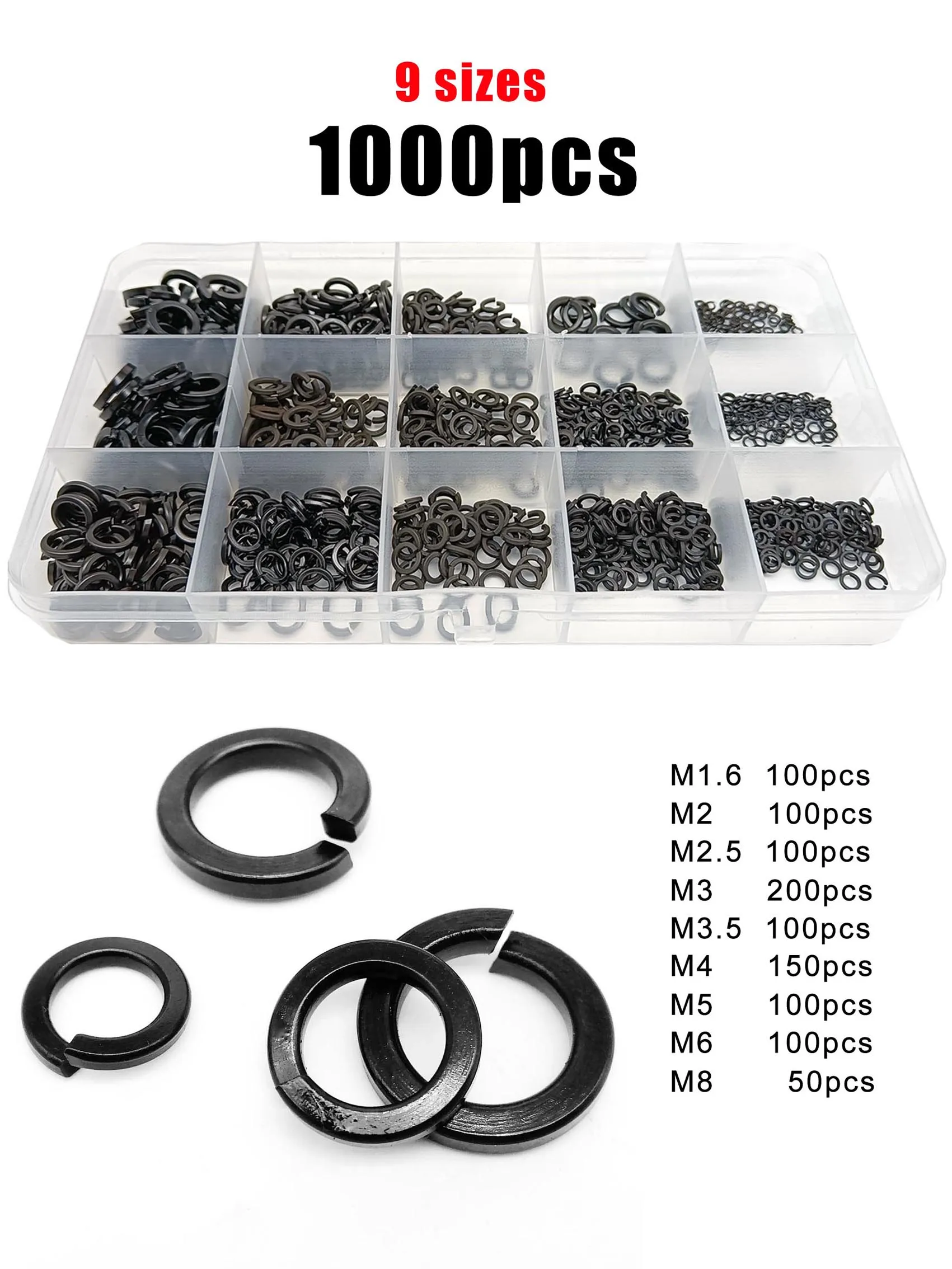1000pc Mix Size Kit M1.6 M2 M2.5 M3 M3.5 M4 M5 M6 M8 Black 304 Stainless Steel GB93 Spring Split Lock Washer Elastic Gasket Set