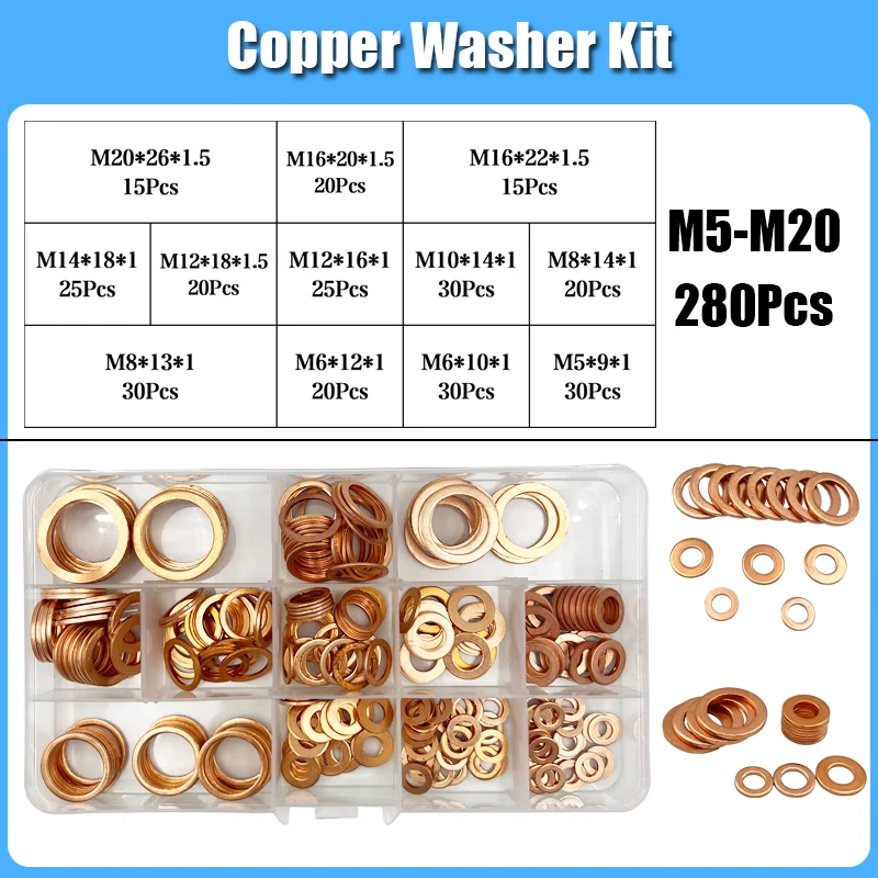 240Pcs 325Pcs/set Gasket Copper Washer Set Meson Pad Sheet Metal Collar Brass Flat Plain Washer Flat Gasket Kit M2-M14/M5-M20