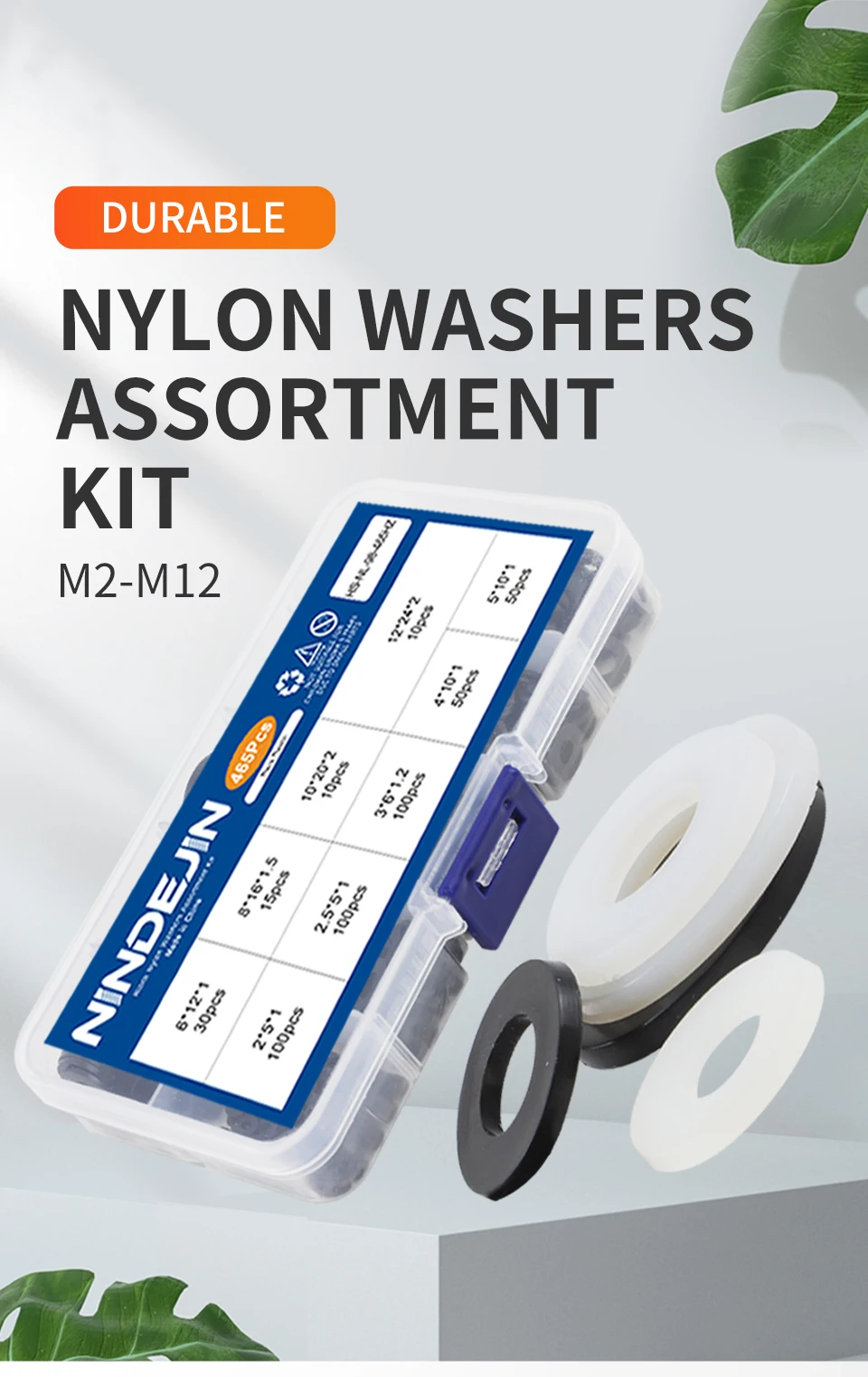 NINDEJIN 465pcs Black White Nylon Washers Assortment Kit M2 M2.5 M3 M4 M5 M6 M8 M10 M12 M14 M16 Plastic Plain Flat Washer Set