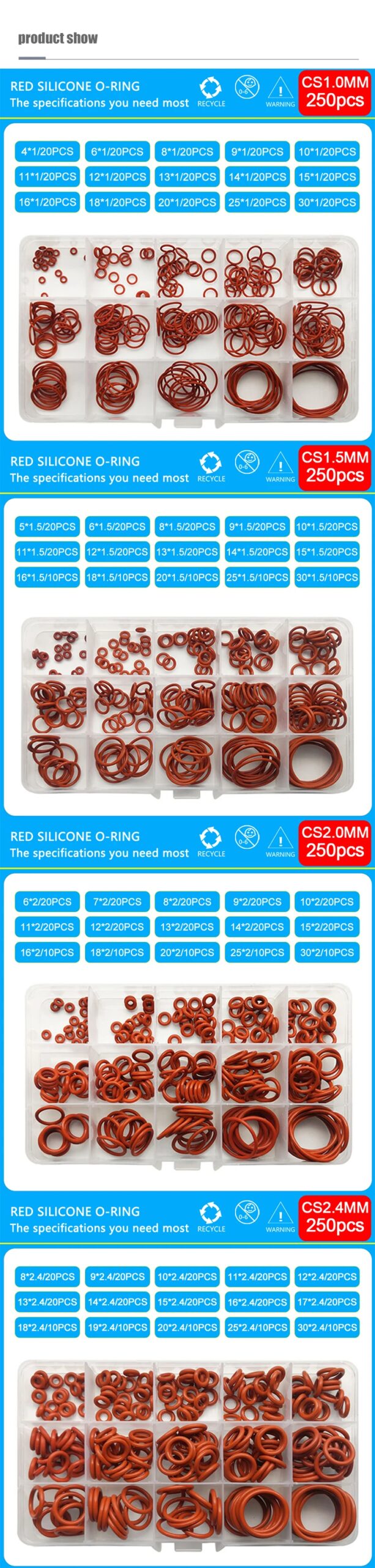 100pcs 150pcs 250pcs Silicone O-ring Sealing Gaskets Waterproof Washer Oil Resistant High Temperature Oring Assortment Kit Sets