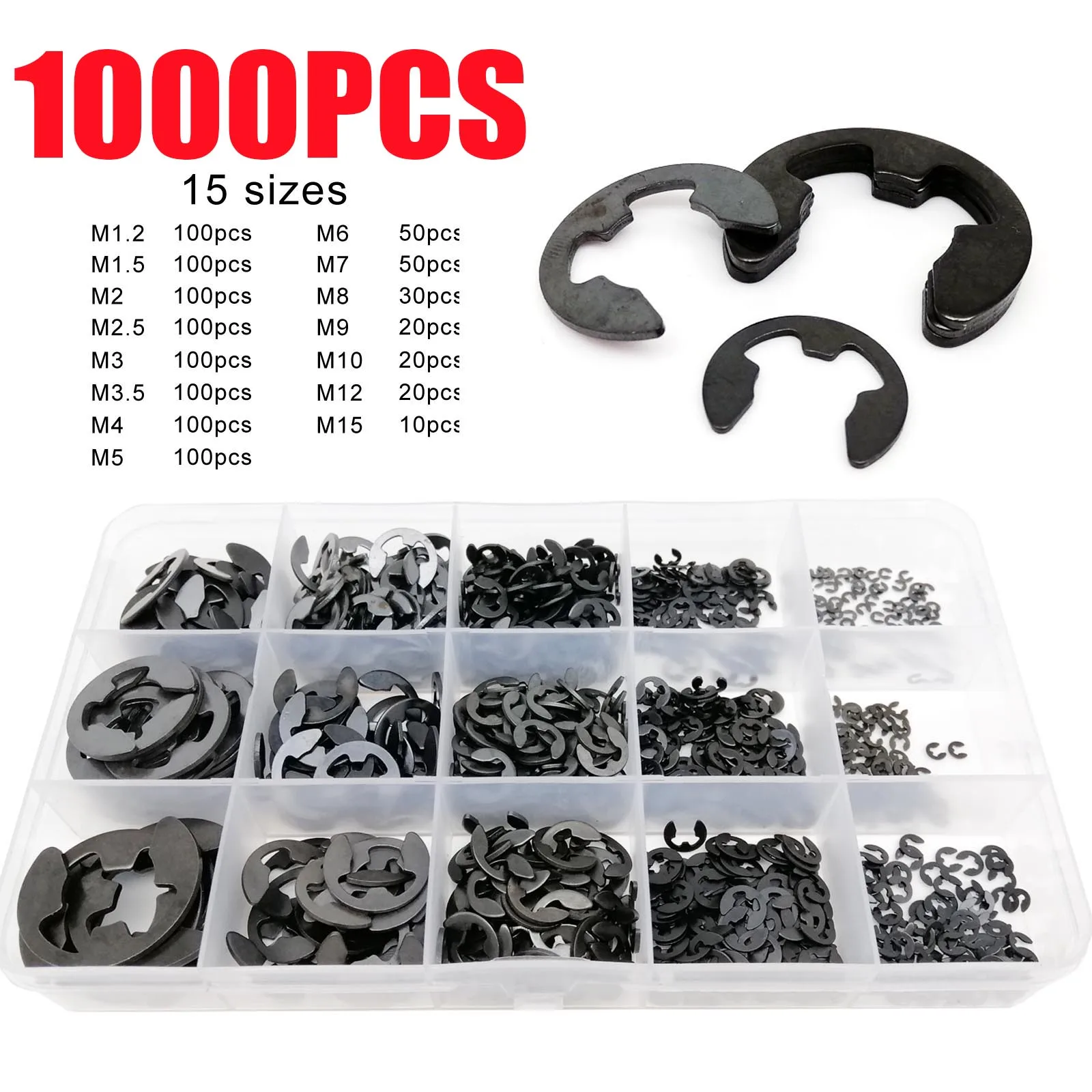 580/1000pcs Carbon Steel Washer M1.2 to M15 Black External Retaining Ring E Clip Snap Circlip Washer for Shaft Assortment Kit