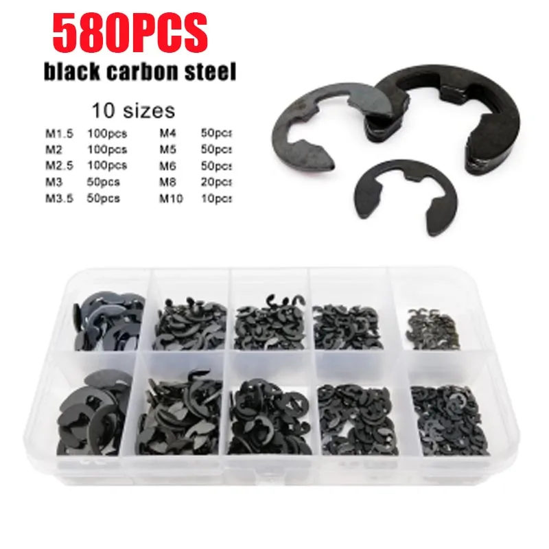 580/1000pcs Carbon Steel Washer M1.2 to M15 Black External Retaining Ring E Clip Snap Circlip Washer for Shaft Assortment Kit