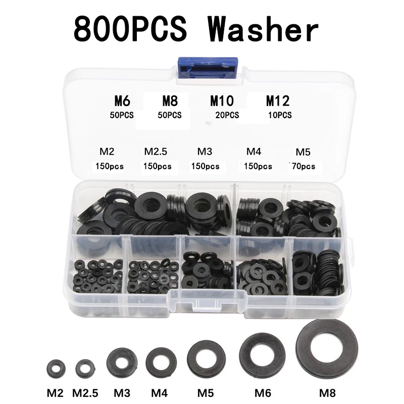 800pcs Nylon Washer Plastic Insulation Spacers Seals Black White Nylon Washers Set Gasket Ring KitM2 M2.5 M3 M4 M5 M6 M8 M10 M12