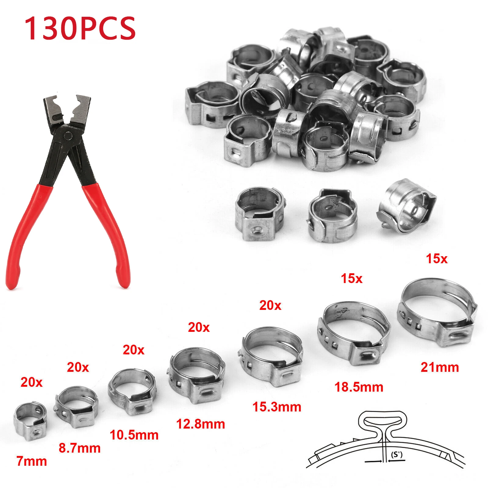 130pcs Single Ear Stepless Hose Clamps +1PC Hose Clip Clamp Pliers 7-21mm 304 Stainless Steel Hose Clamps Cinch Clamp Rings