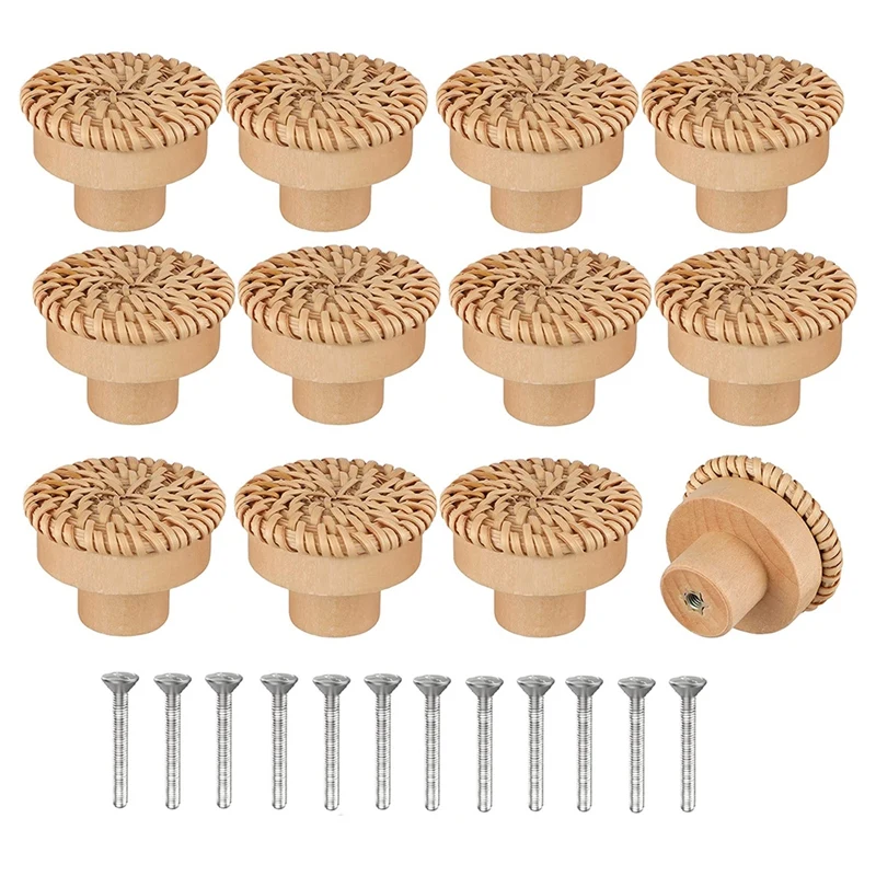 2-10Pcs Boho Rattan Dresser Knobs Round Wooden Drawer Knobs Handmade Wicker Woven And Screws For Boho Furniture Knobs