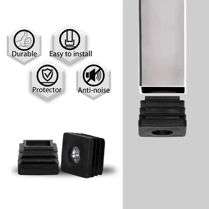 4pcs Black M8 Threaded Plastic Plugs Square Tube End Caps Tubing Plugs Inserts Furniture Glider Chair Leg Insert Plugs for Table
