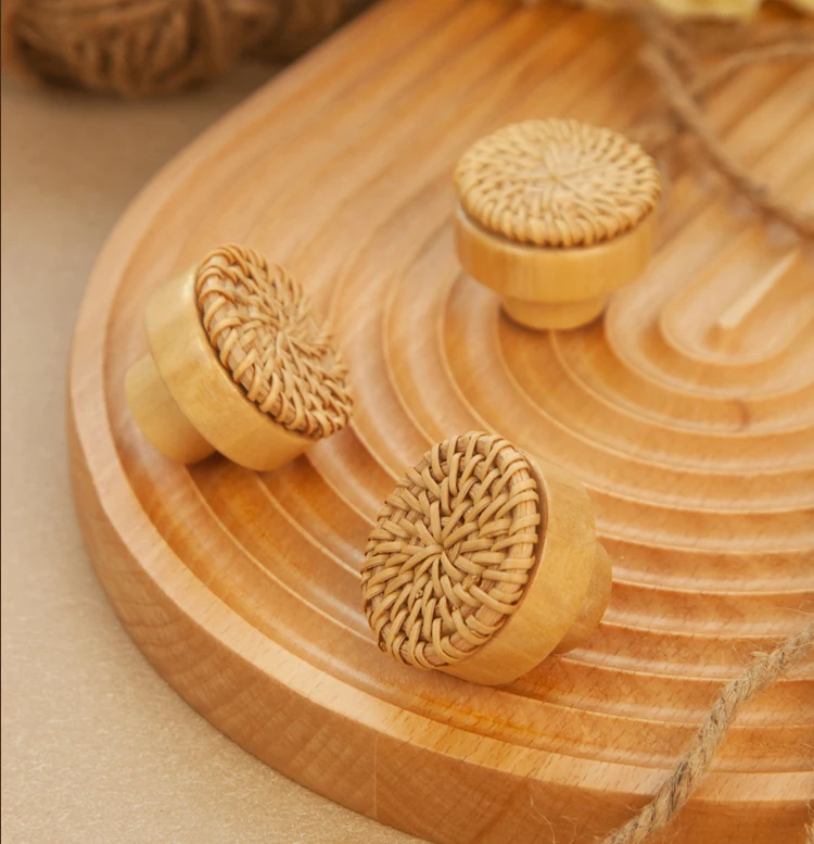 Wooden Handles Dresser Knobs Round Rattan Furniture Handles Handmade Kitchen Cupboard Drawer Knobs