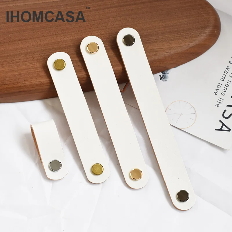 IHOMCASA White Leather Handle Furniture Hardware Drawer Wardrobe Door Knobs Kitchen Cupboard Shoe Cabinet Cowhide Pulls Handles
