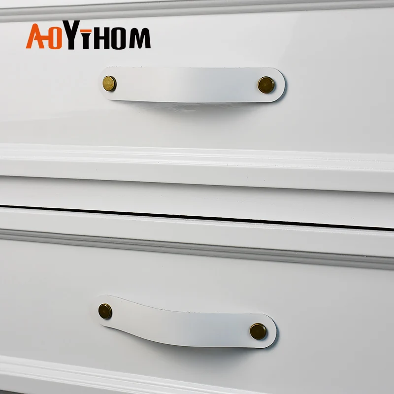 AOYIHOM Modern Minimalist Kitchen Cabinet Storage Leather Pulls White Nordic Cowhide Furniture Handle Drawer Wardrobe Door Knob