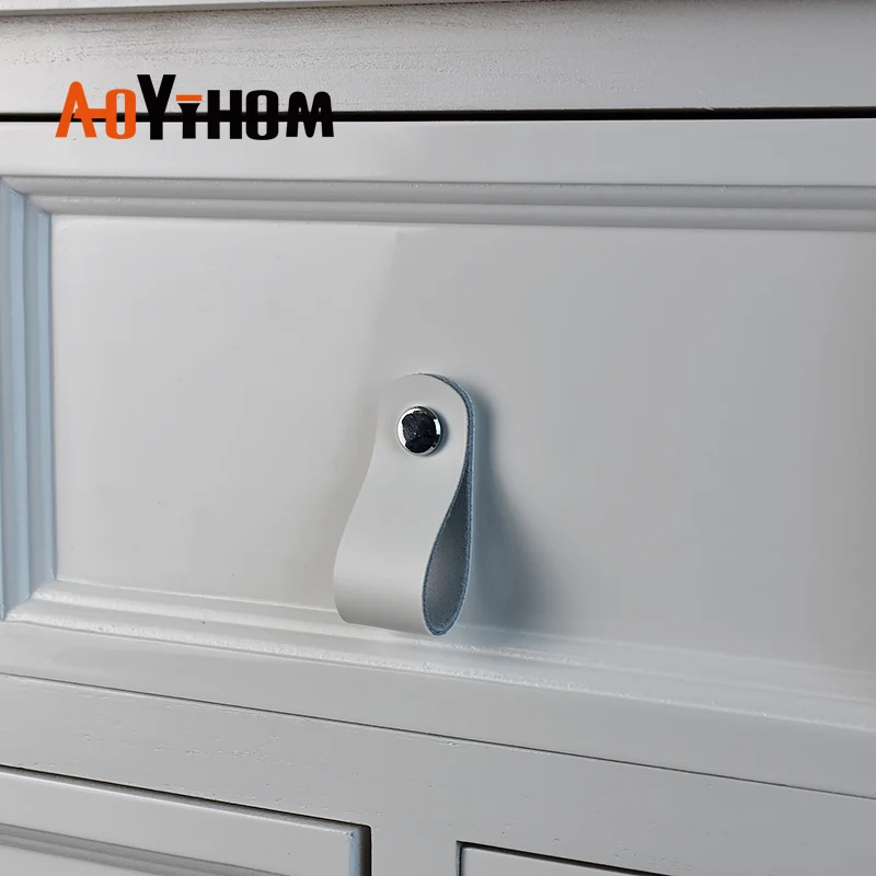AOYIHOM Modern Minimalist Kitchen Cabinet Storage Leather Pulls White Nordic Cowhide Furniture Handle Drawer Wardrobe Door Knob
