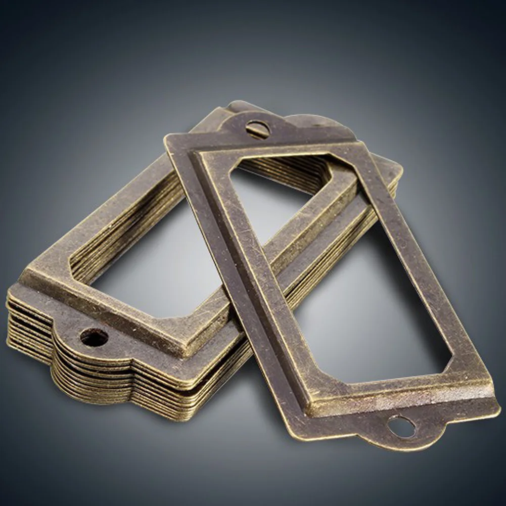12Pcs Antique Brass Metal Label Pull Frame Handle File Name Card Holder for Furniture Cabinet Drawer Box Case Bin