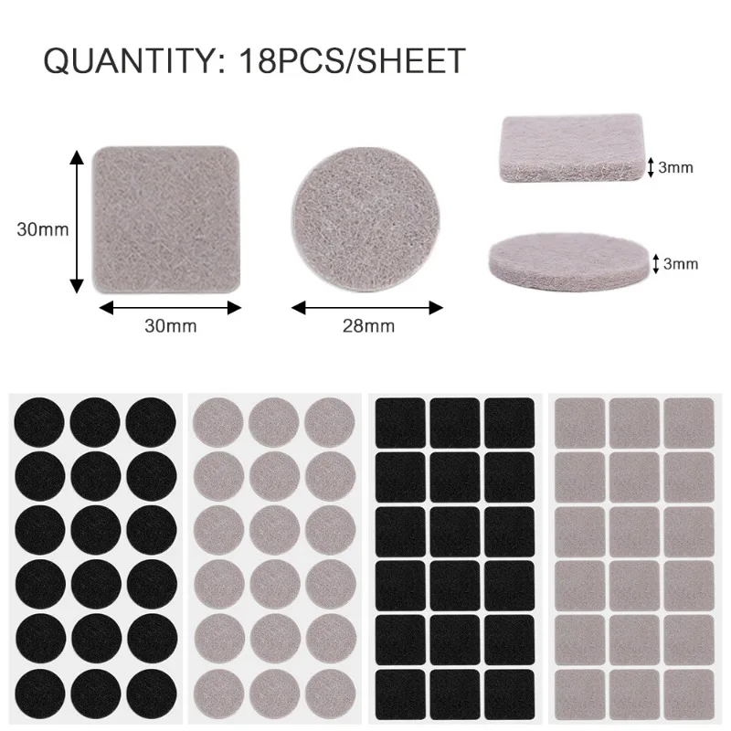 36/18Pcs Self Adhesive Felt Chair Leg Pads Floor Protectors Table Furniture Leg Cover 3mm Thickness Anti Skid Scratch Protector