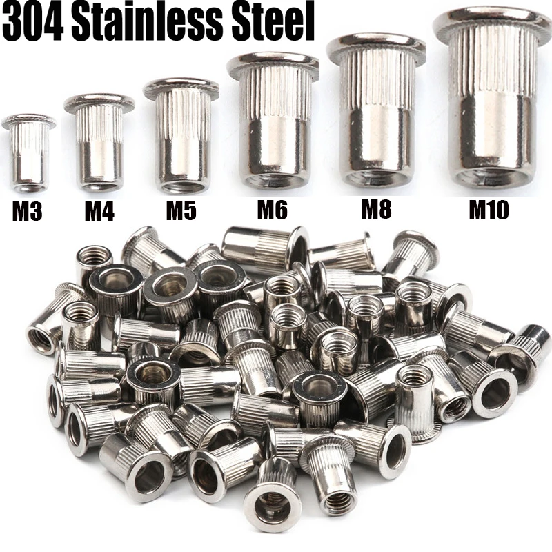 10/20/50PCS 304 Stainless Steel Rivets Nuts Insert Flat Head Threaded Nut Riveter Nut Gun Tools Rustproof M3/M4/M5/M6/M8/M10/M12