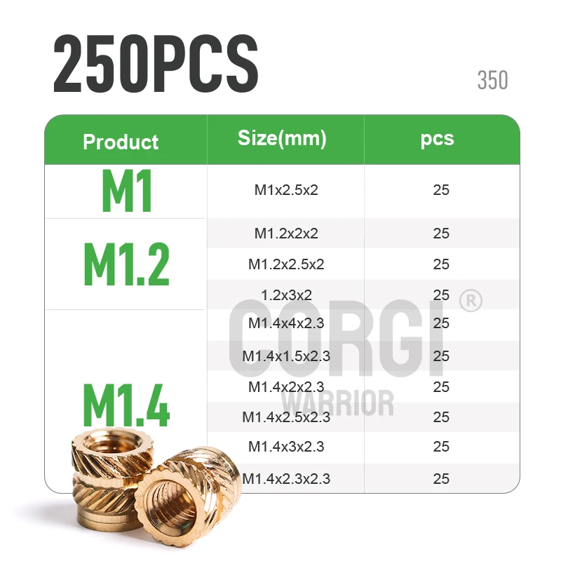 65/1000 Threaded Inserts Nut M1 M1.2 M1.4 M2 M2.5 M3 M4 M5 M6 M8 Heat Thread Metric Knurled Insert Nuts Assortment Kit