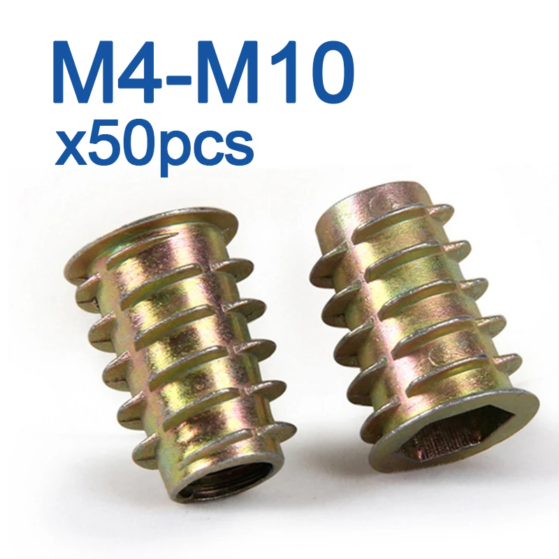 50pcs/lot M4 M5 M6 M8 M10 Zinc Alloy Thread For Wood Insert Nut Flanged Hex Drive Head Furniture Nuts