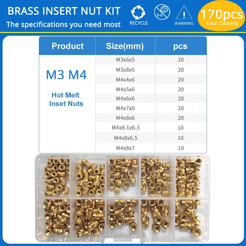 Heat Set Threaded Insert Nut M2 M2.5 M3 M4 M5 M6 Hot Melt Knurled Brass Inserts for 3D Printing Parts Embedment Assortment Kit