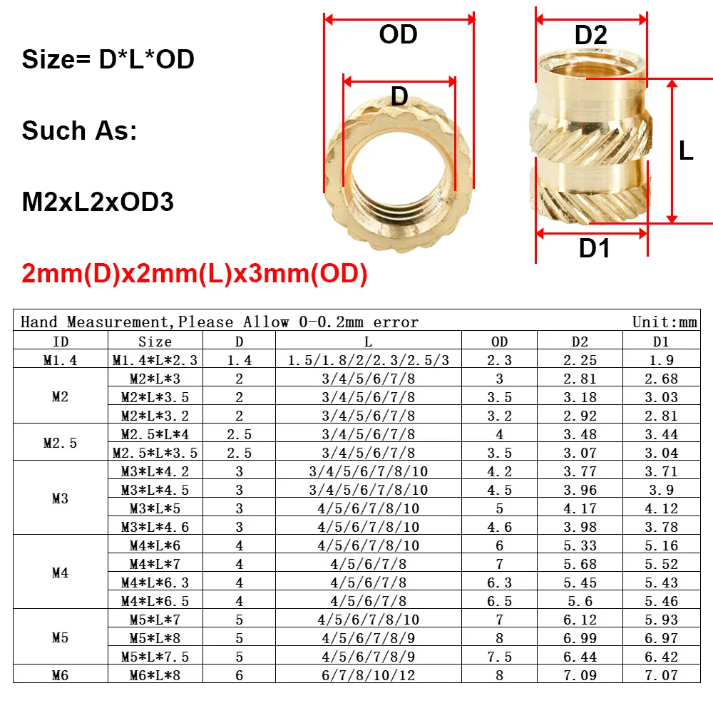 M2 M2.5 M3 M4 M5 M6 Brass Nuts Inserts 3D Printer Laptop Heating Hot Melt Copper Insert Nut Knurled Embedded Injection Insertnut